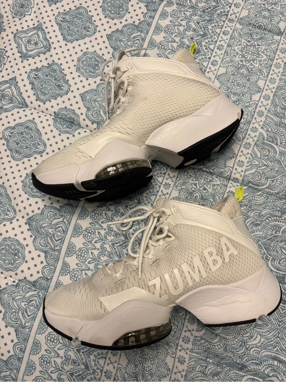 Zumba Air Stomp Funk Women’s High Top Sneakers — White with Neon Yellow Pull Tab